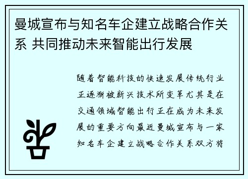曼城宣布与知名车企建立战略合作关系 共同推动未来智能出行发展